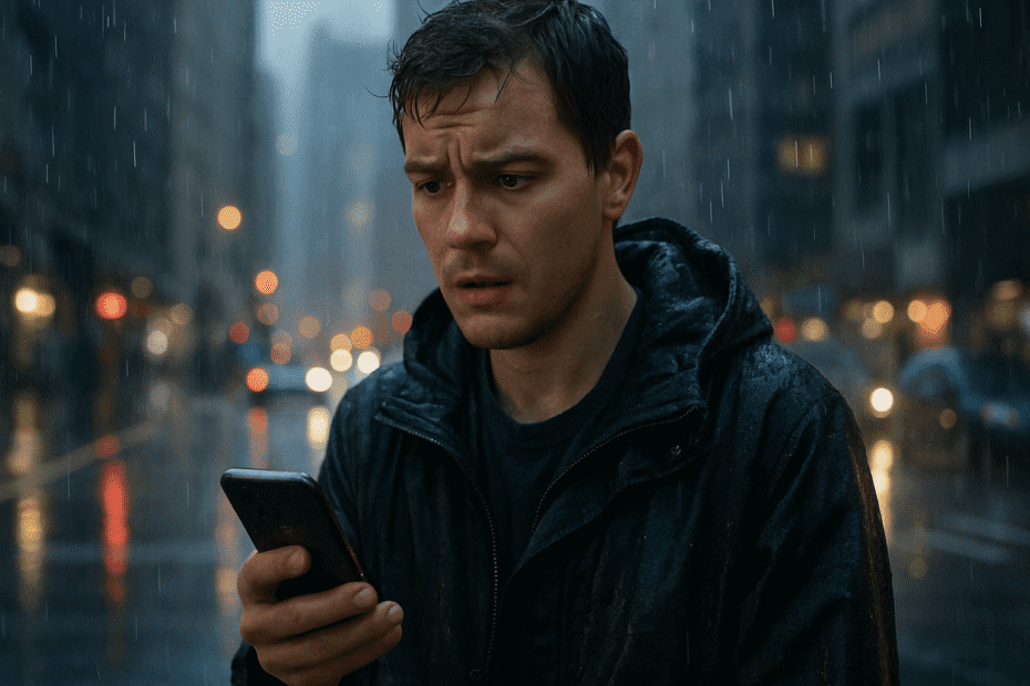 Homem preocupado usando celular em rua chuvosa de cidade durante emergência sem sinal, buscando ajuda offline