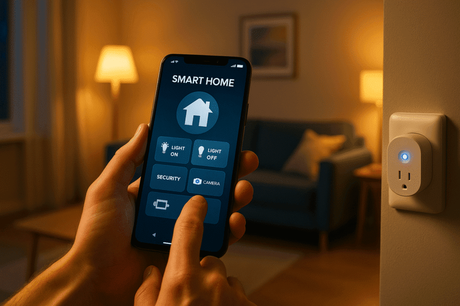 Pessoa controlando dispositivos de automação residencial pelo celular para simular presença em casa e aumentar a segurança enquanto viaja.