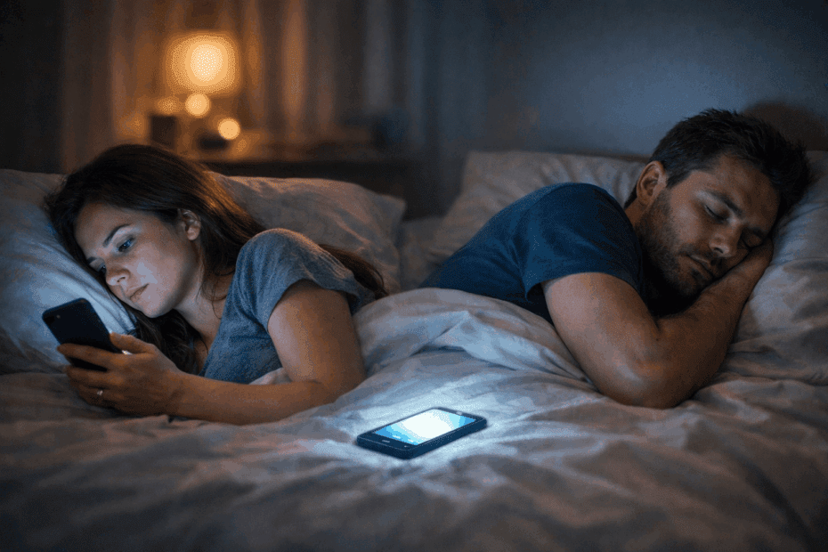 Casal distante na cama devido ao uso excessivo do celular no relacionamento