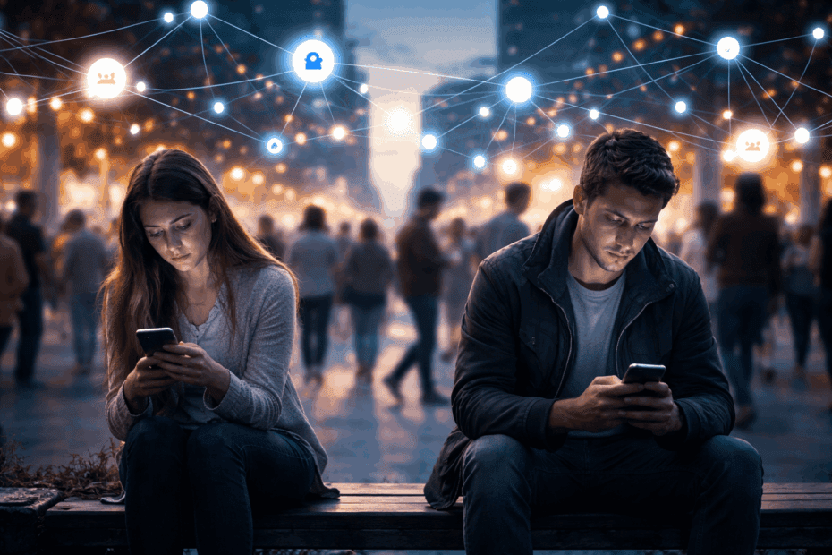 Pessoas sentadas em um espaço urbano, conectadas ao celular, cercadas por uma multidão, representando o contraste entre conexão digital e solidão na era digital.