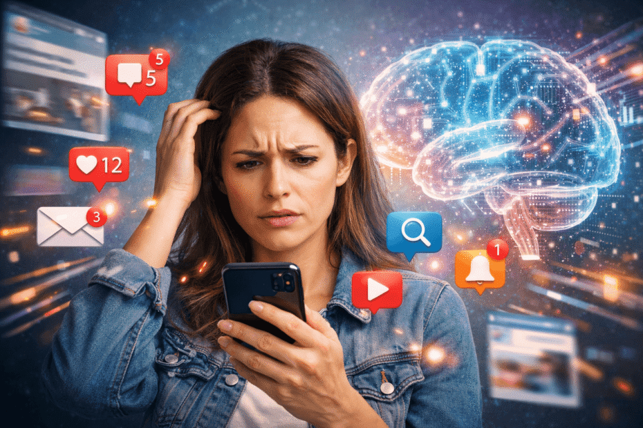 Por que desbloqueamos o celular e esquecemos o que íamos fazer? Mulher confusa olhando para o smartphone, cercada por ícones digitais que representam distração, foco e memória.