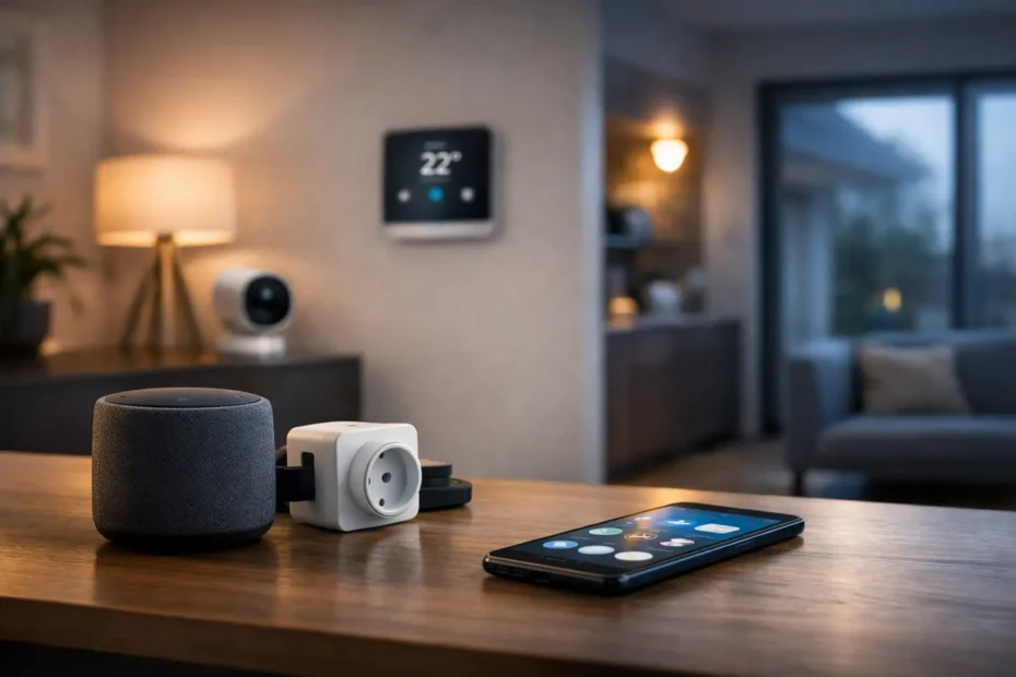 Interior moderno de casa inteligente com assistente virtual, tomada smart e aplicativo de automação residencial no smartphone.