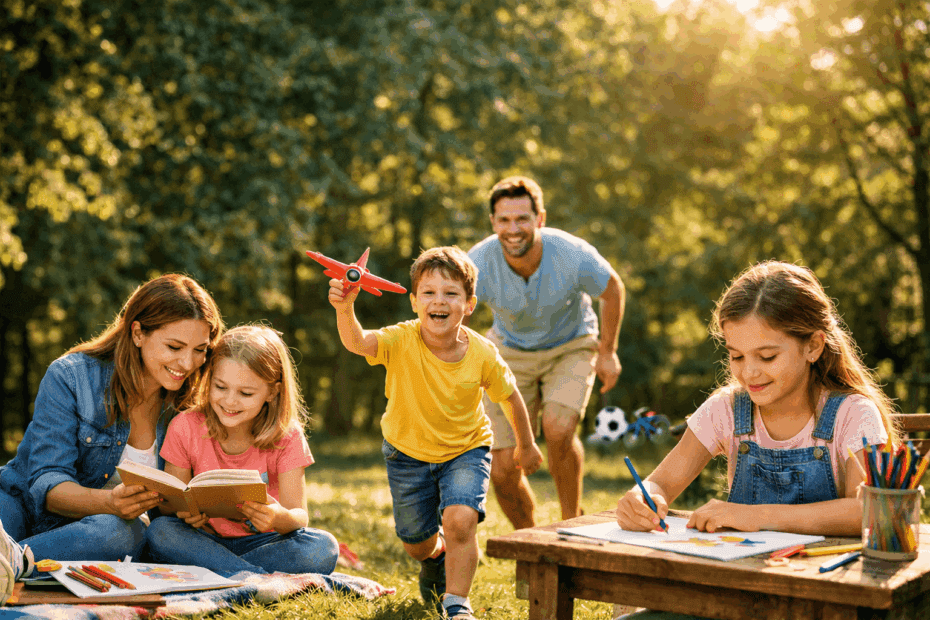 Família brincando ao ar livre enquanto as crianças leem e desenham, representando como diminuir o tempo de tela infantil