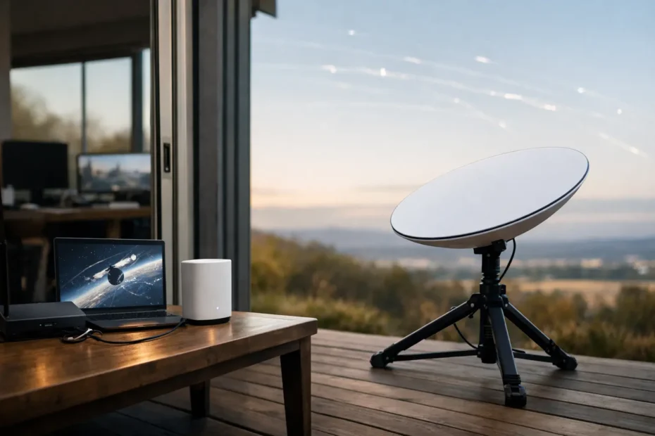 Antena de internet via satélite em casa conectada a satélites de órbita baixa ilustrando como funciona SpaceSail na prática