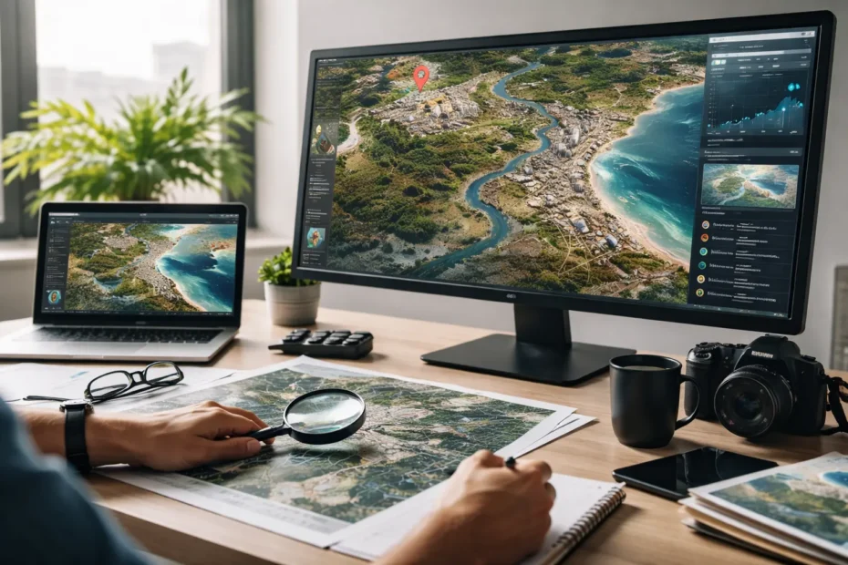 Profissional analisando imagens de satélite em monitor de alta resolução para identificar padrões urbanos e geográficos com precisão.