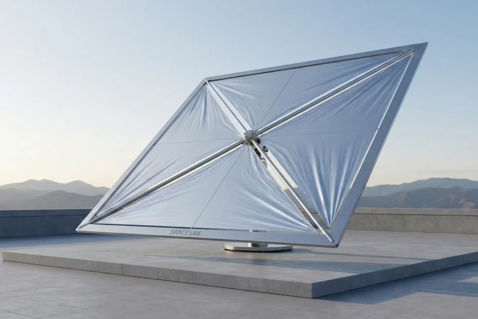 Equipamento de tecnologia de rede Spacesail em ambiente real, mostrando uma antena moderna e futurista em uma plataforma externa com iluminação natural.