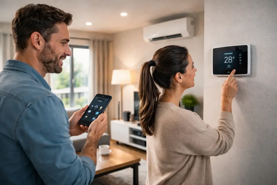 casal usando automação residencial para entender quanto custa casa inteligente no Brasil