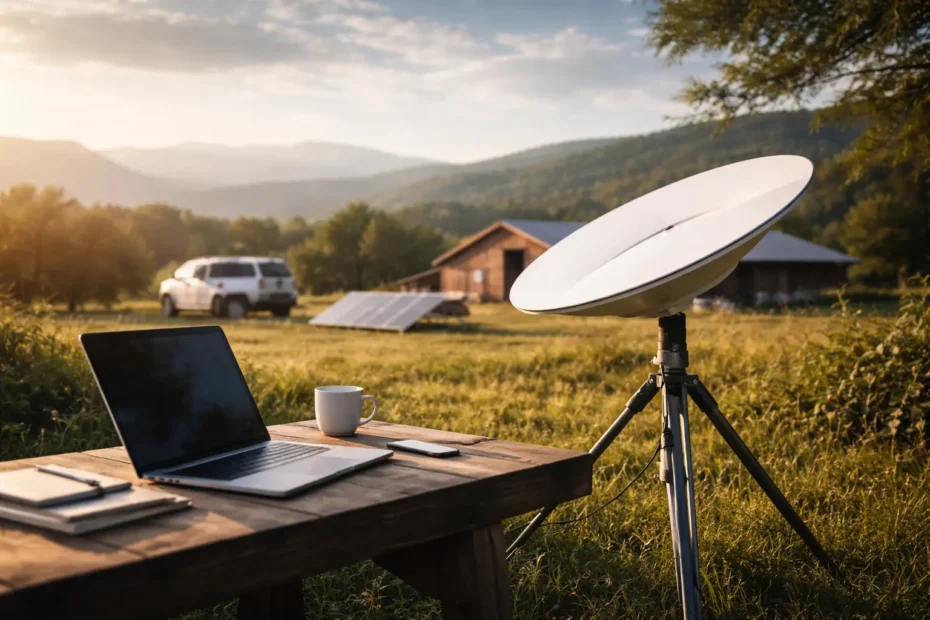 Internet via satélite instalada em região rural com antena moderna e notebook em ambiente remoto no Brasil