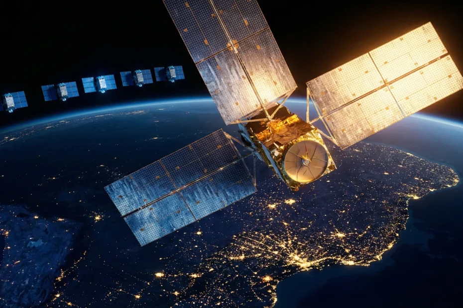 Ilustração cinematográfica de um satélite da SpaceSail em órbita sobre o mapa iluminado do Brasil, com a constelação de satélites Starlink visível ao fundo.